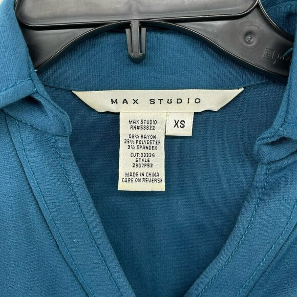 Max Studio Dress XS Teal Blue Collared V-Neck 3/4 Sleeve Roll-Tab Stretch Belted - Picture 10 of 11